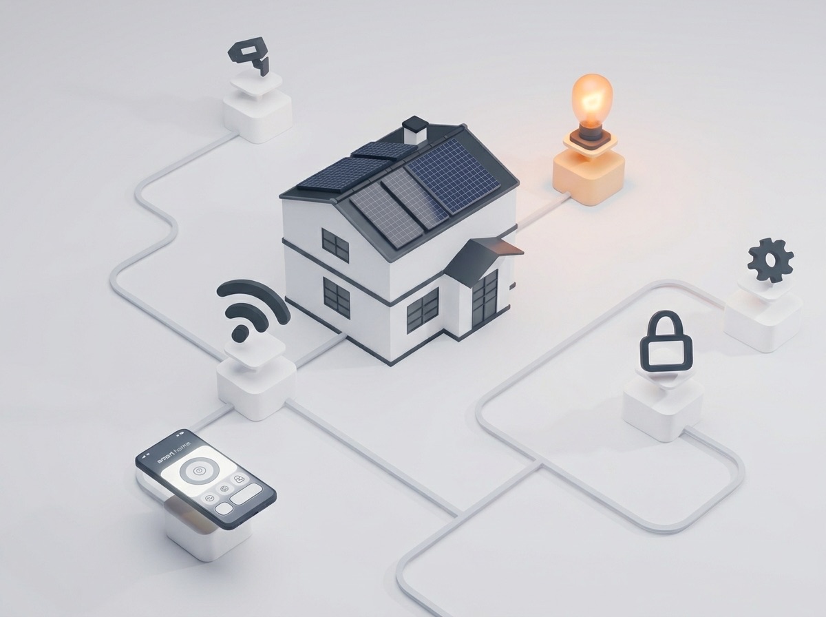 Illustration av ett smart hus med solpaneler, kopplat till belysning, wifi, lås och en mobilapp
