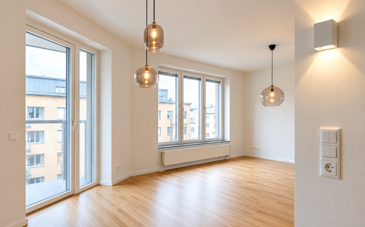 Ljust vardagsrum med pendellampor, vägglampa och moderna strömbrytare